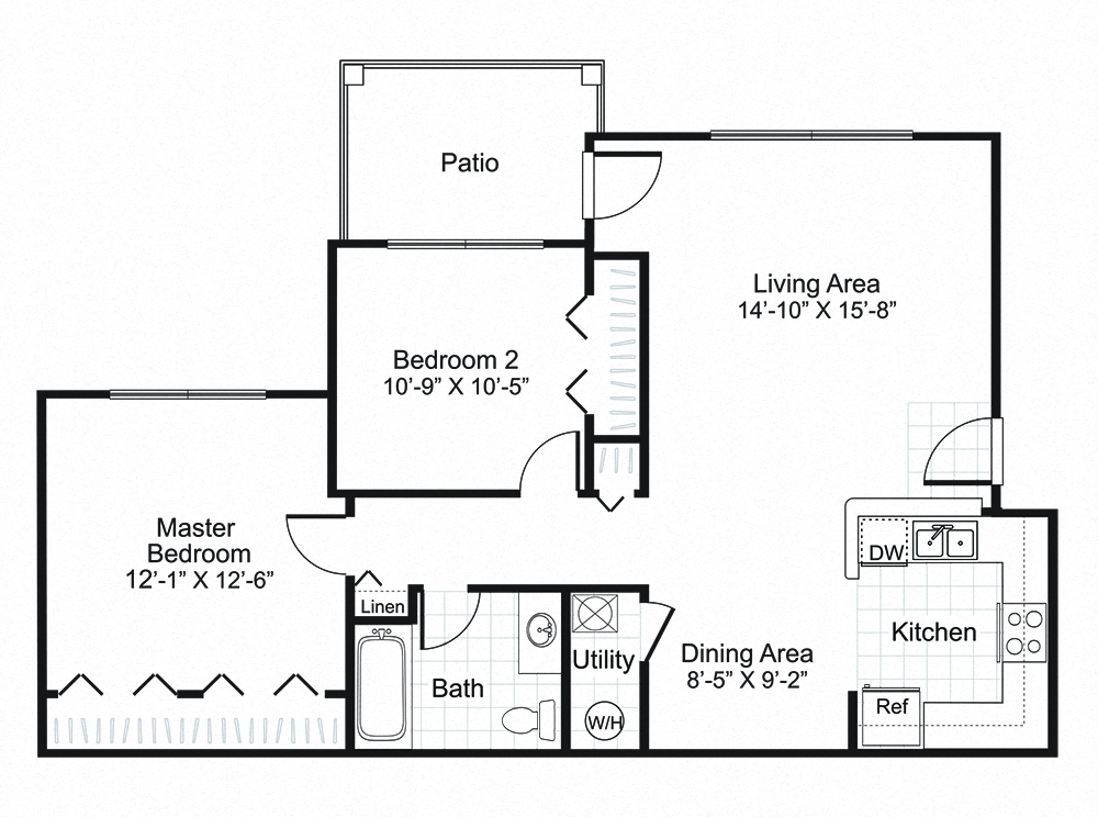 Floor plan for 2 beds, 1 bath, 834 sqft